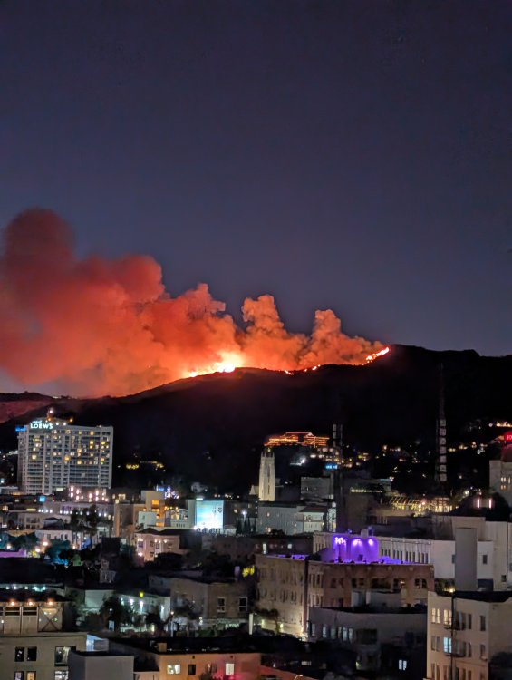 A view of the Hollywood Hills with the Sunset Fire raging.